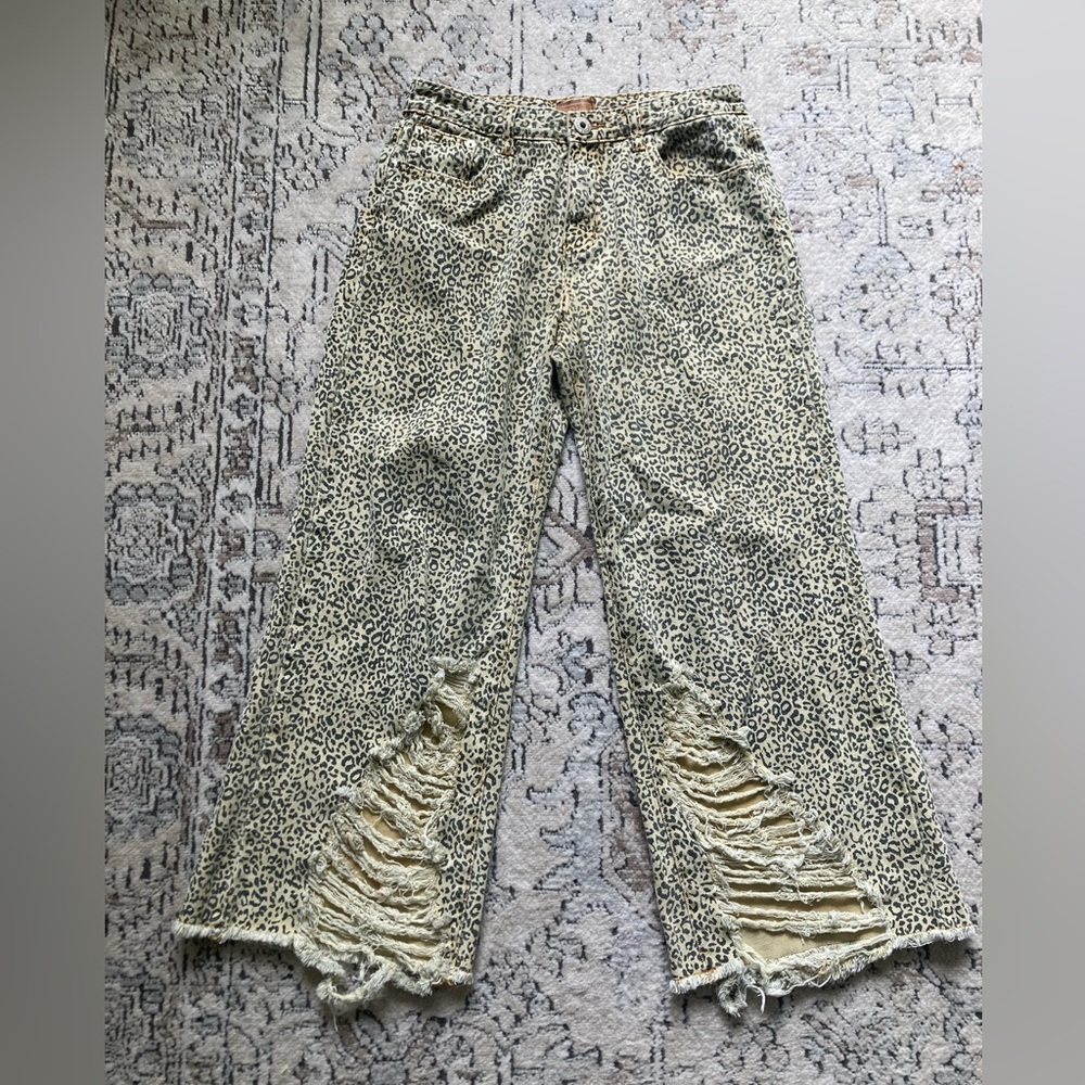 POL Leopard Print Wide Leg Jeans in Tan and Black